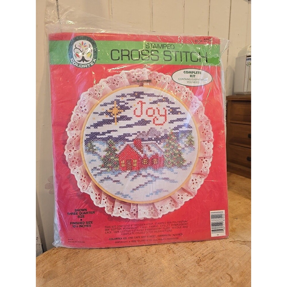 1986 NOS Colortex Joy Stamped Cross Stitch Kit #3754 Holiday Winter Grandmacore